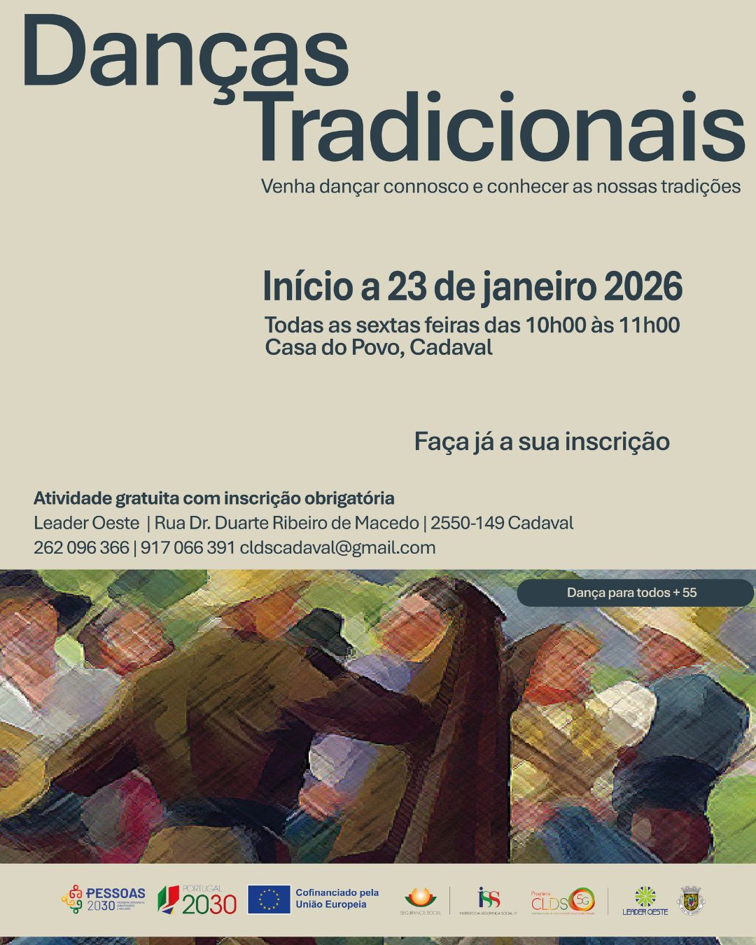 O CLDS 5G Melhor Cadaval vai desenvolver, em parceria com a Câmara Municipal do Cadaval, um conjunto de atividades que pretendem promover a prática de atividade física junto da população com mais de 55 anos! As Danças Tradicionais enquanto forma de expressão artística e corporal, é uma atividade física completa com vários benefícios comprovados na condição física e mental, melhorando a saúde e facilitando a socialização. Quando o corpo se move com alegria e boa disposição até a vida ganha outro compasso. A inscrição para esta atividade é gratuita mas obrigatória. CLDS 5G Melhor Cadaval